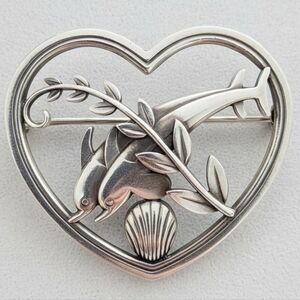 Georg Jensen Leaping Dolphins Heart Brooch Sterling Silver